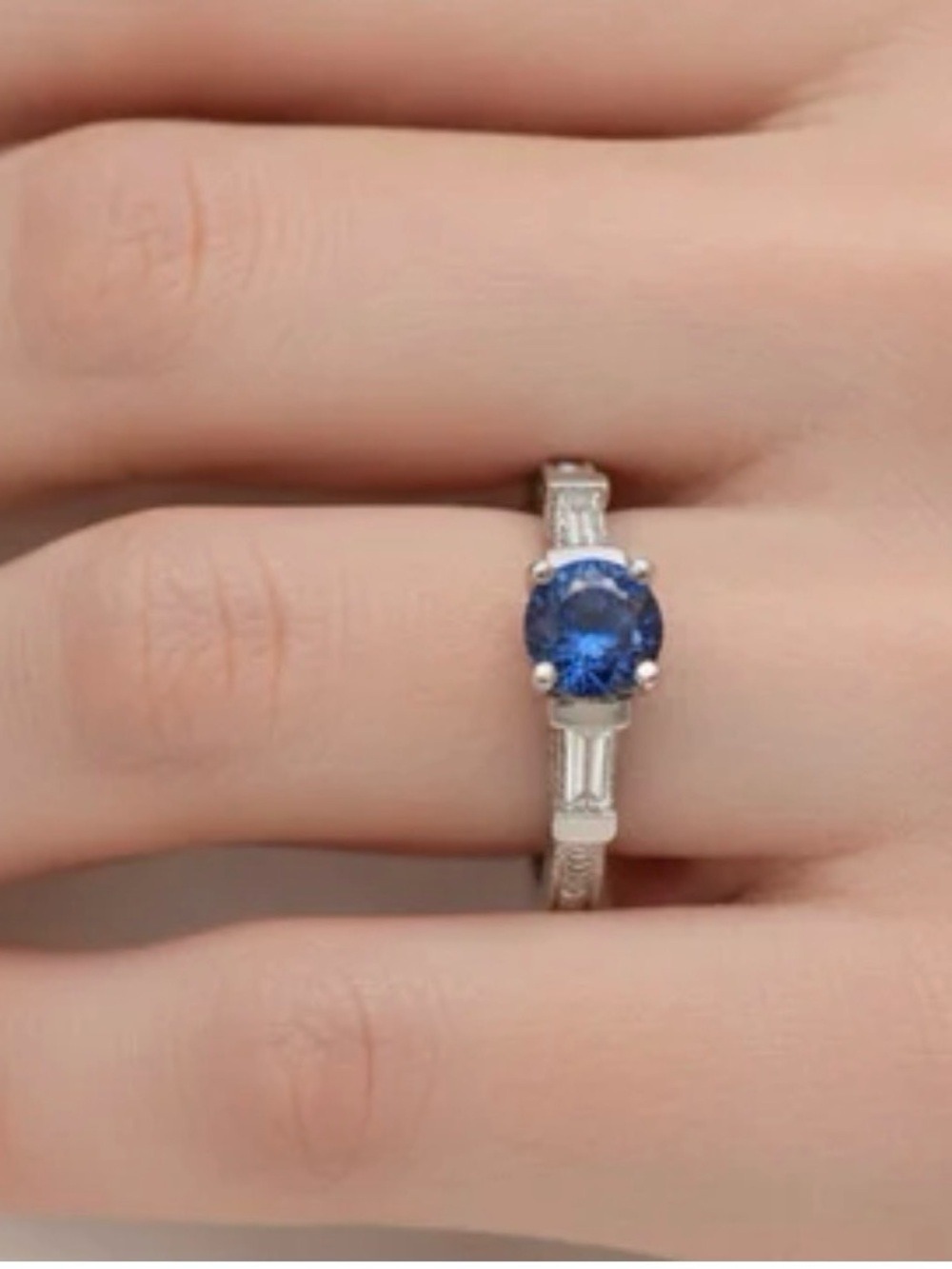 10K White Gold Baguette Diamond and Sapphire Engagement ring - Picture 1 of 5